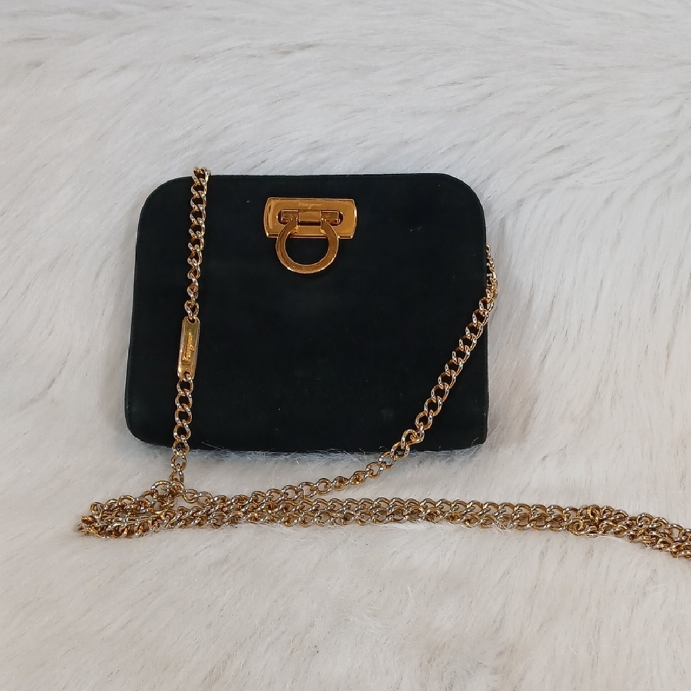Salvatore Ferragamo Gancini  Black Suede  Clutch with Gold Chain